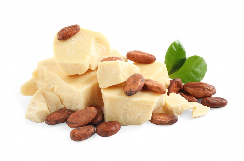 Organic cocoa butter, beans and green leaves isolated |