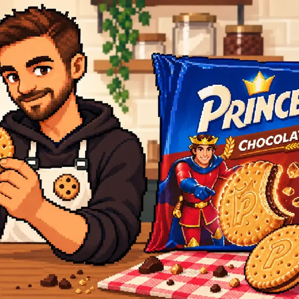Alban prépare des biscuits fourrés au chocolat façon Prince, en pixel art