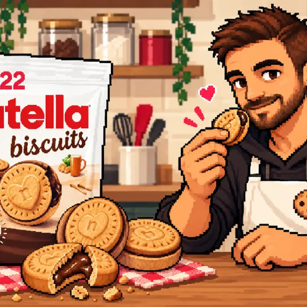 Alban prépare des biscuits fourrés noisette-cacao, en pixel art
