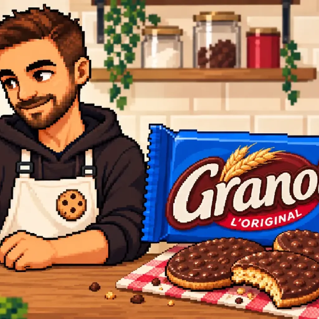 Alban présente des biscuits nappés chocolat façon Granola, en pixel art