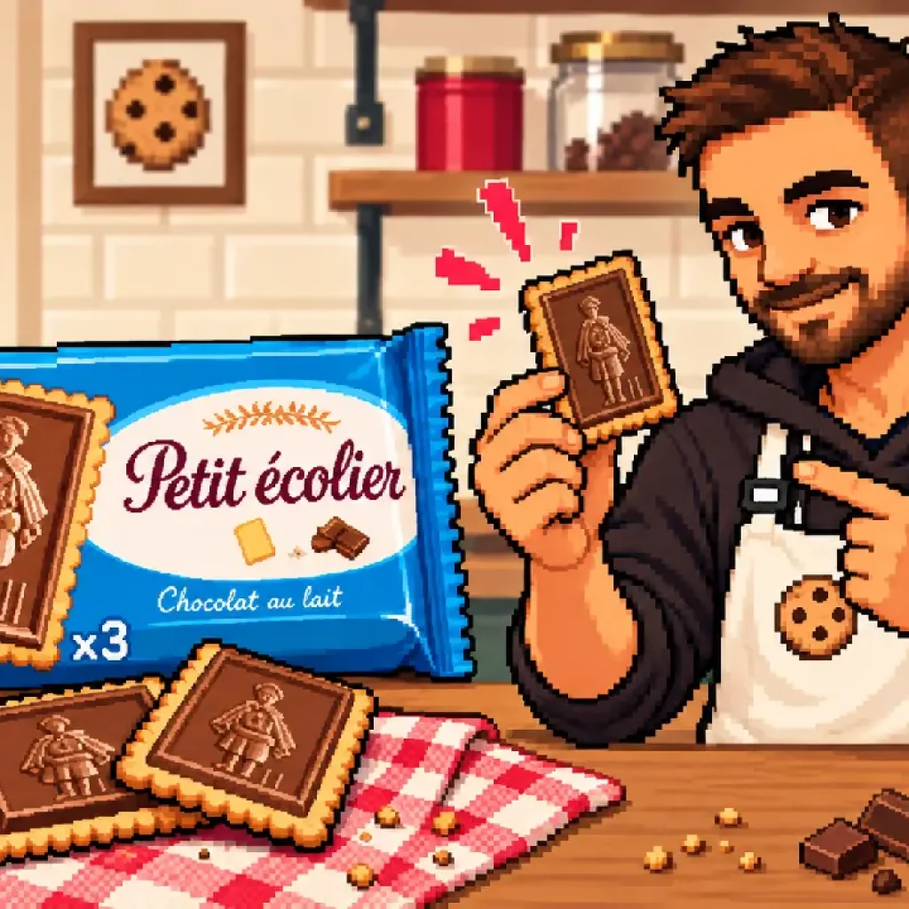 Alban prépare des petits biscuits au chocolat façon Petit Écolier, en pixel art