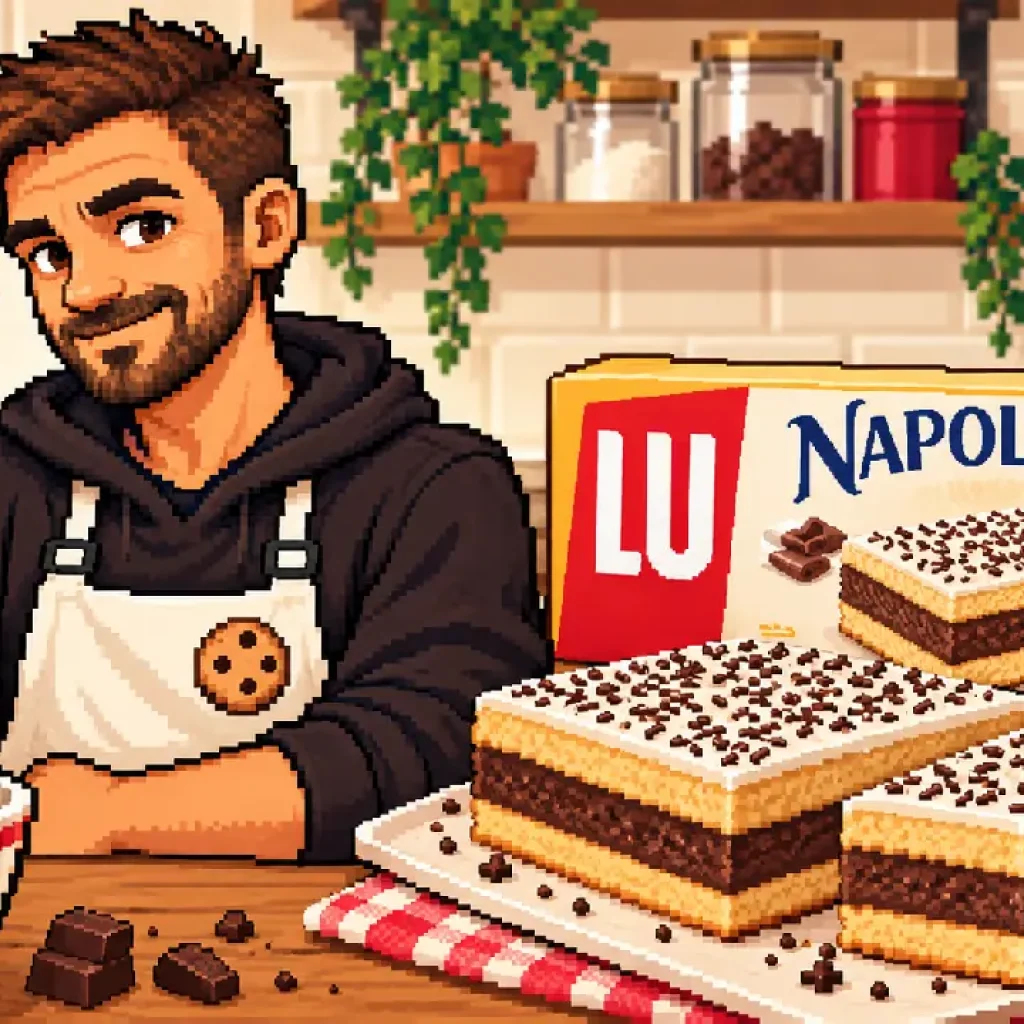 Alban présente un gâteau multicouche façon Napolitain, en pixel art