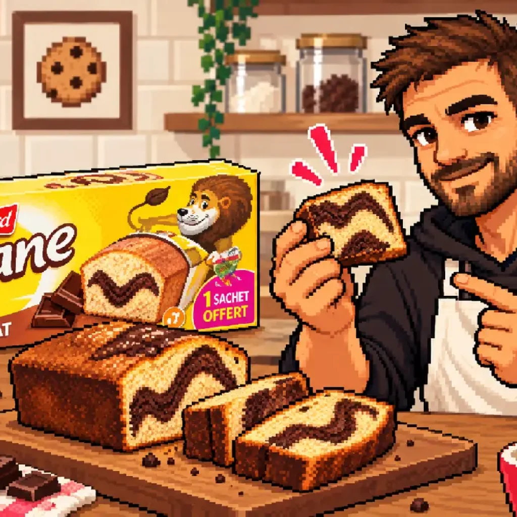 Alban présente un cake marbré chocolat-vanille façon Savane, en pixel art