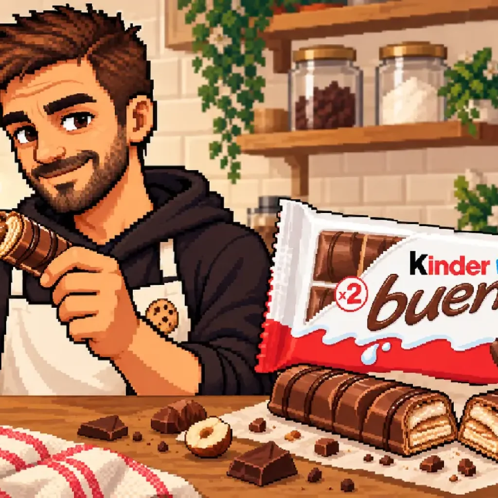 Alban prépare des barres croustillantes noisette façon Kinder Bueno, en pixel art
