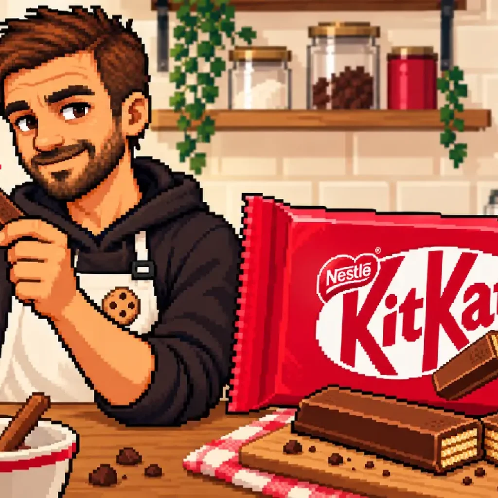 Alban casse une barre gaufrette chocolat façon KitKat, en pixel art