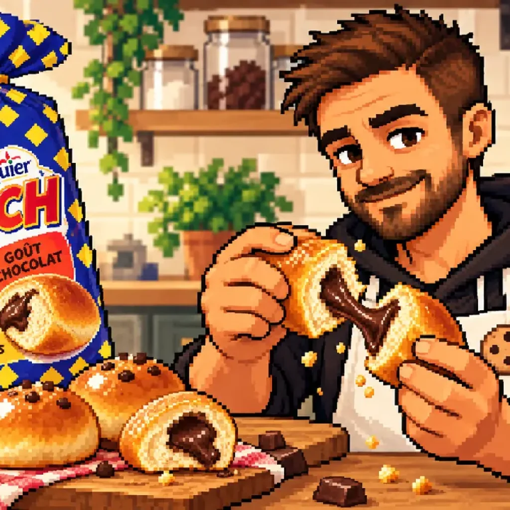 Alban ouvre une brioche fourrée au chocolat façon Pitch, en pixel art