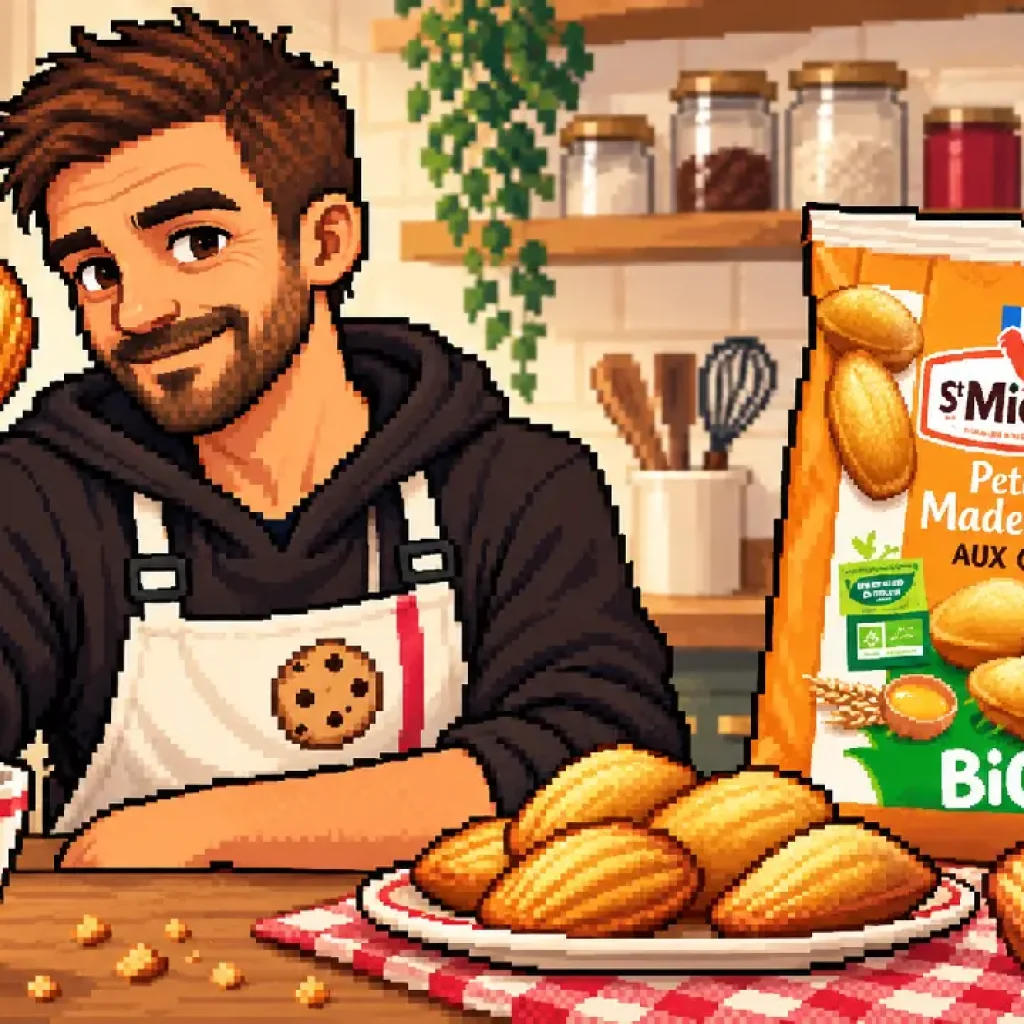 Alban présente de petites madeleines nature façon St Michel, en pixel art